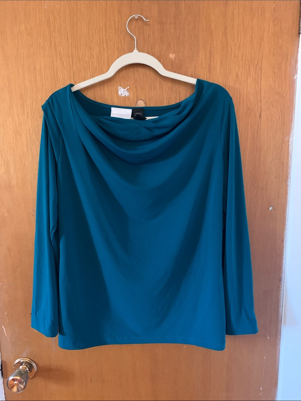 Worthington Teal Cowl-Neck Long Sleeve Top - Women's